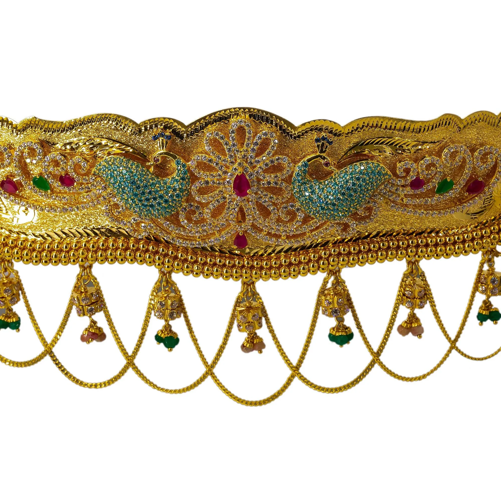 22K Yellow Gold Peacock Vaddanam Waist Belt W/ Emeralds, Rubies, CZ Gems & Chandelier Accents