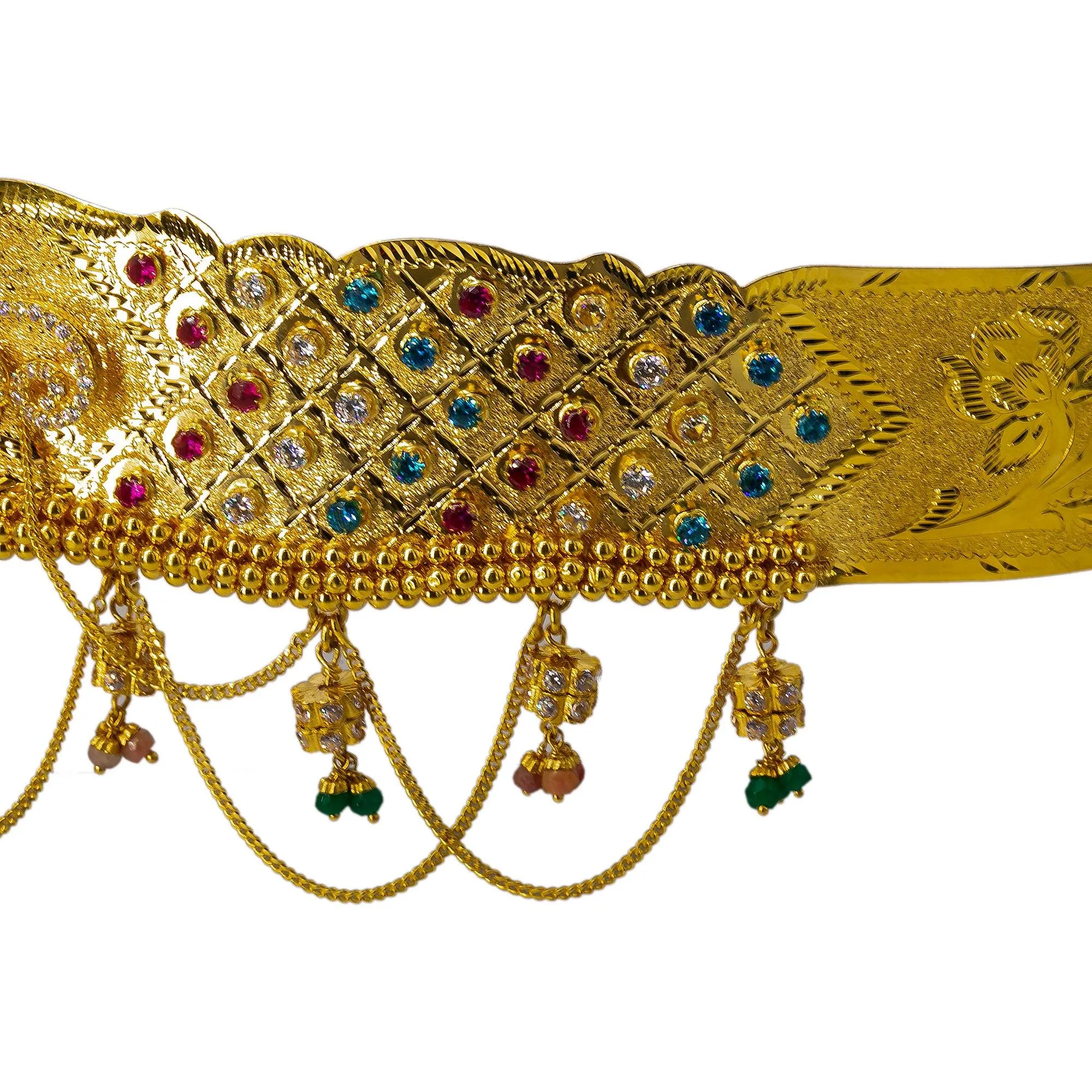 22K Yellow Gold Peacock Vaddanam Waist Belt W/ Emeralds, Rubies, CZ Gems & Chandelier Accents