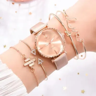 5pcs Set Top Style Fashion Women Watch Luxury Leather Band Quartz WristWatch  W243231