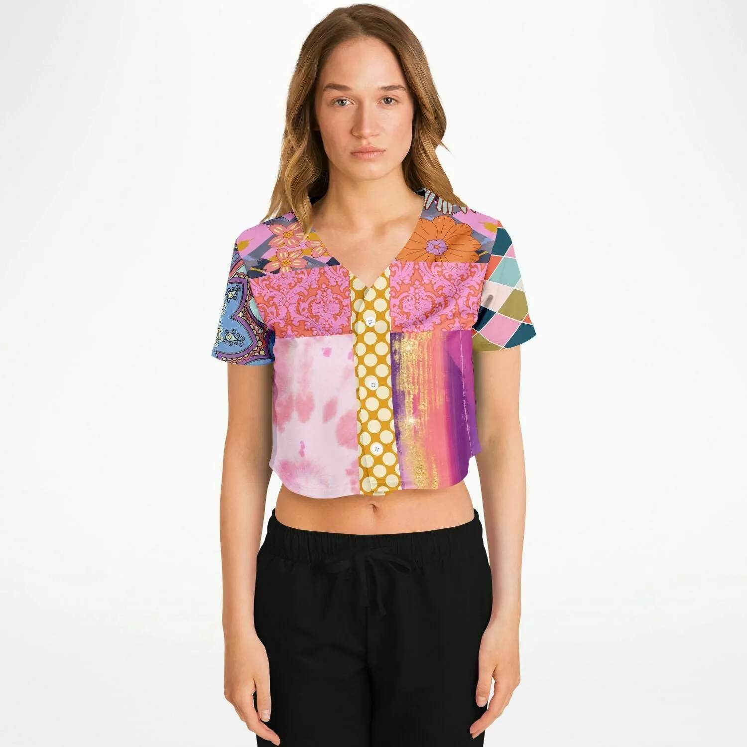 Bahama Mama Patchwork Cropped Button Front Jersey