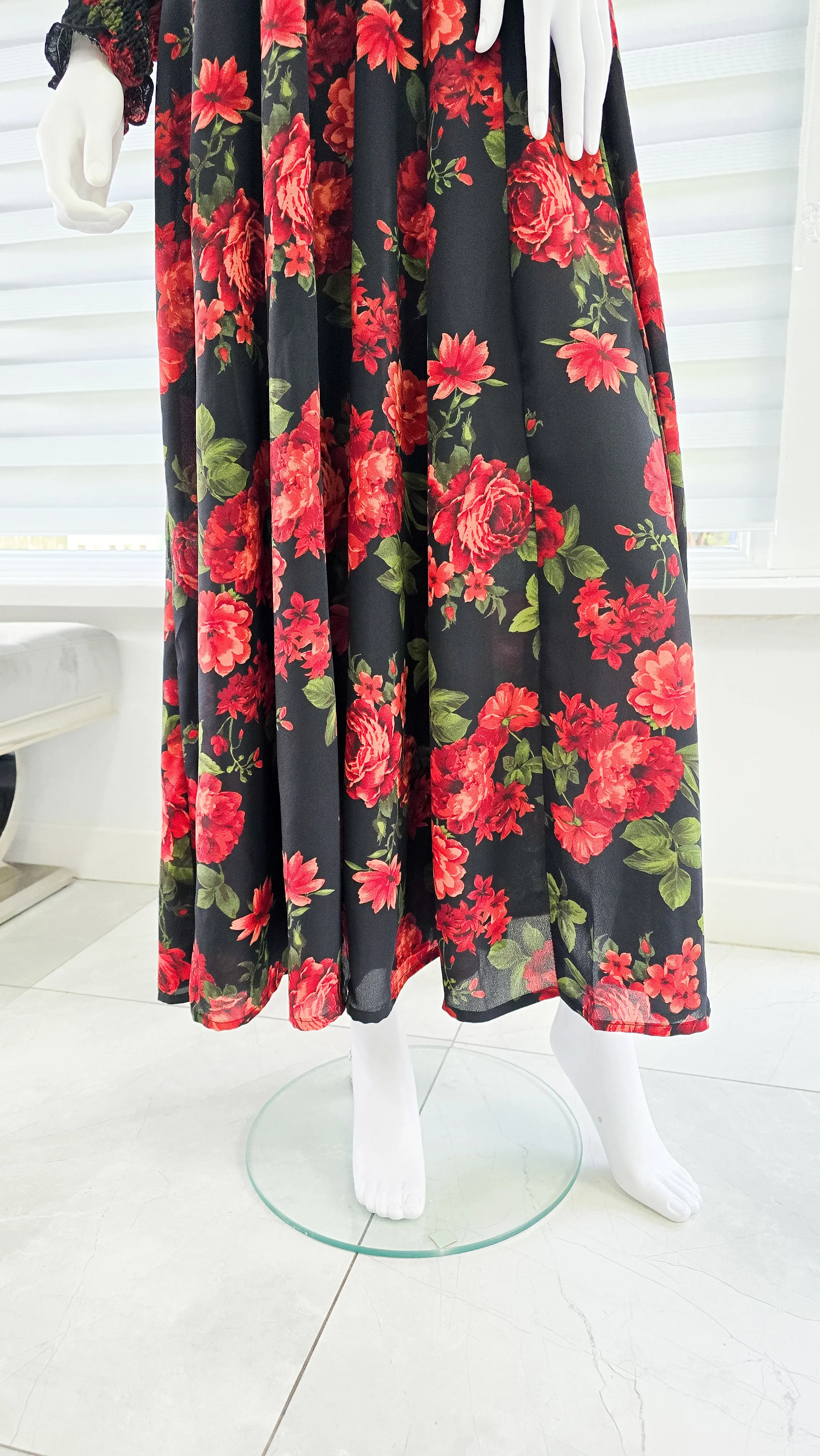 Black Red Floral Soft Georgette Casual Maxi Dress