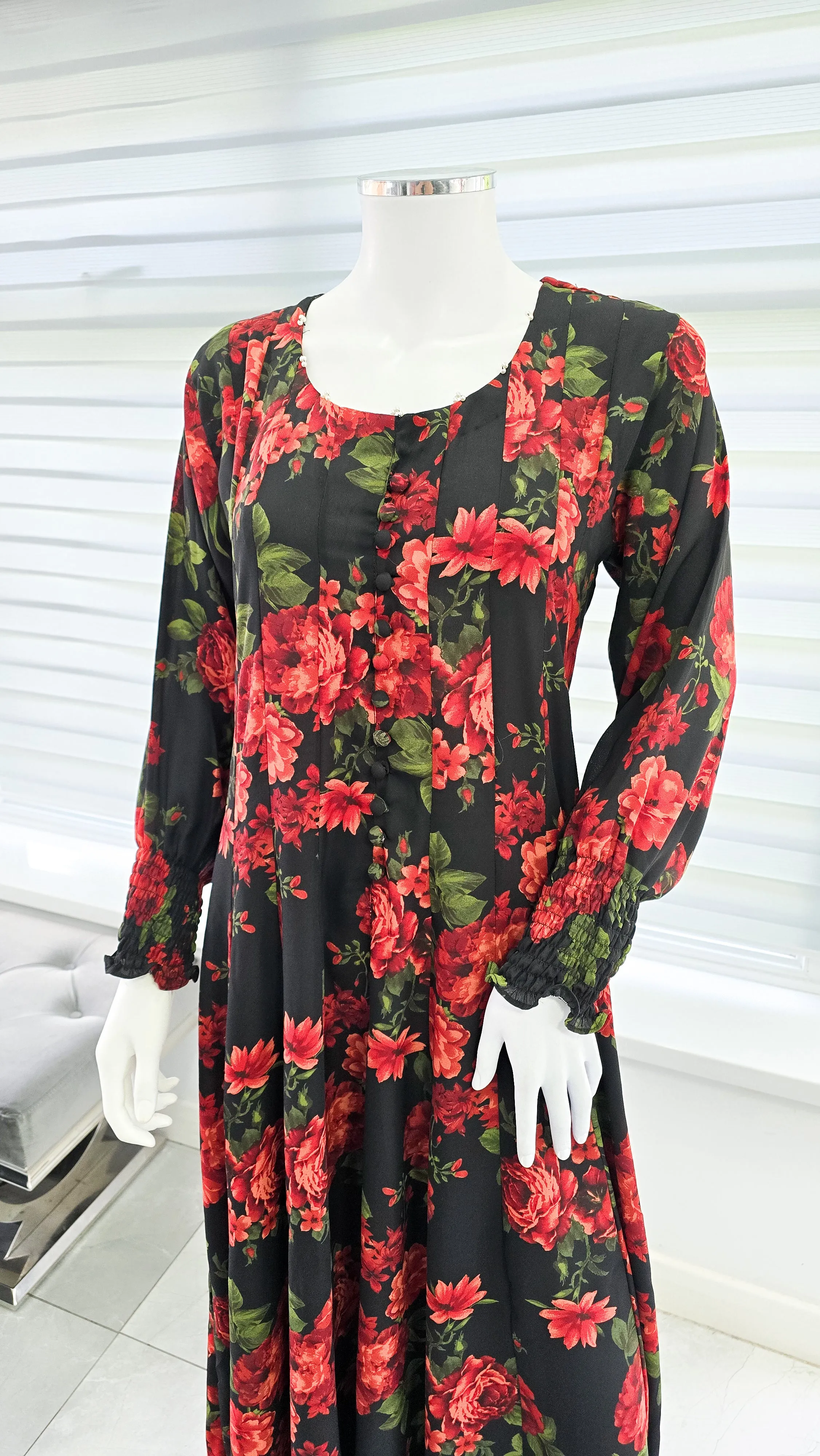 Black Red Floral Soft Georgette Casual Maxi Dress