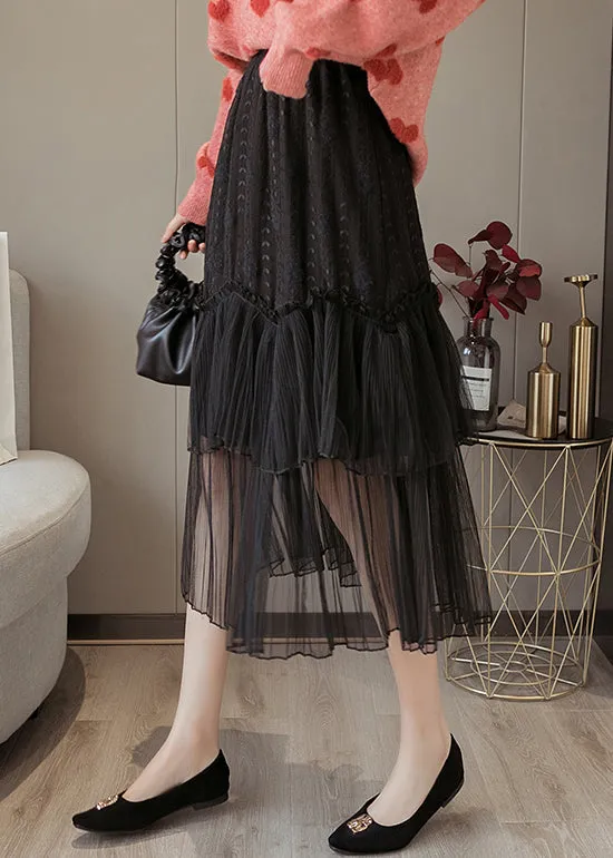 Black Solid Lace Patchwork Chiffon Skirts Elastic Waist AS1041