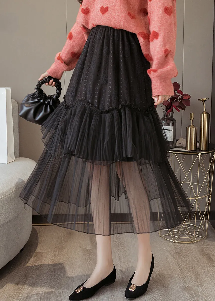 Black Solid Lace Patchwork Chiffon Skirts Elastic Waist AS1041