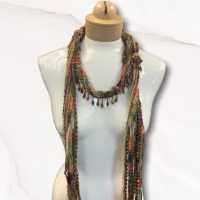 Boho Beaded Lightweight Mohair Scarf Necklace - Orange and Brown