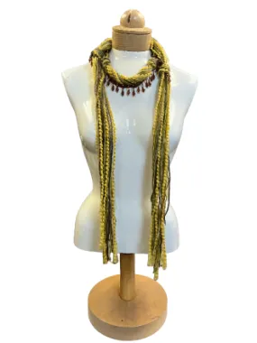 Boho Beaded Lightweight Mohair Scarf Necklace - Pale Yellow, Brown with Beads