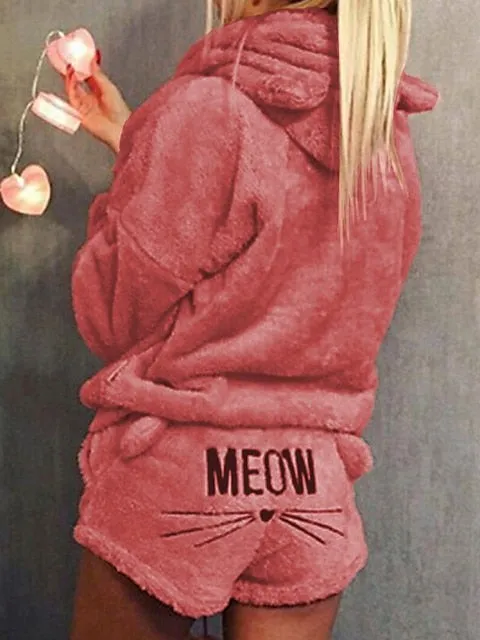 Cat Lover's Cozy Fleece Loungewear Set with Hoodie and Shorts