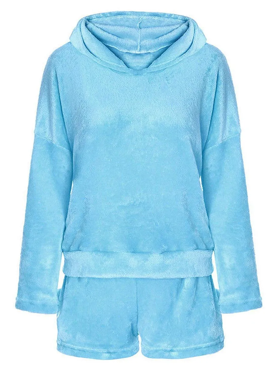 Cat Lover's Cozy Fleece Loungewear Set with Hoodie and Shorts