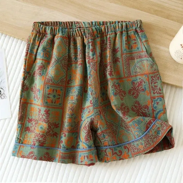 Cotton Gauze Shorts with Elastic Waist in different prints