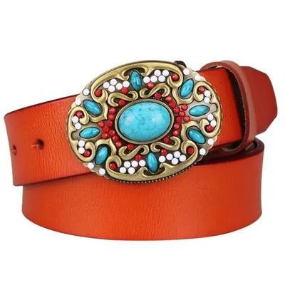 Cowgirl Genuine leather belt mosaic gem turquoise belts metal buckle Belt Gifts