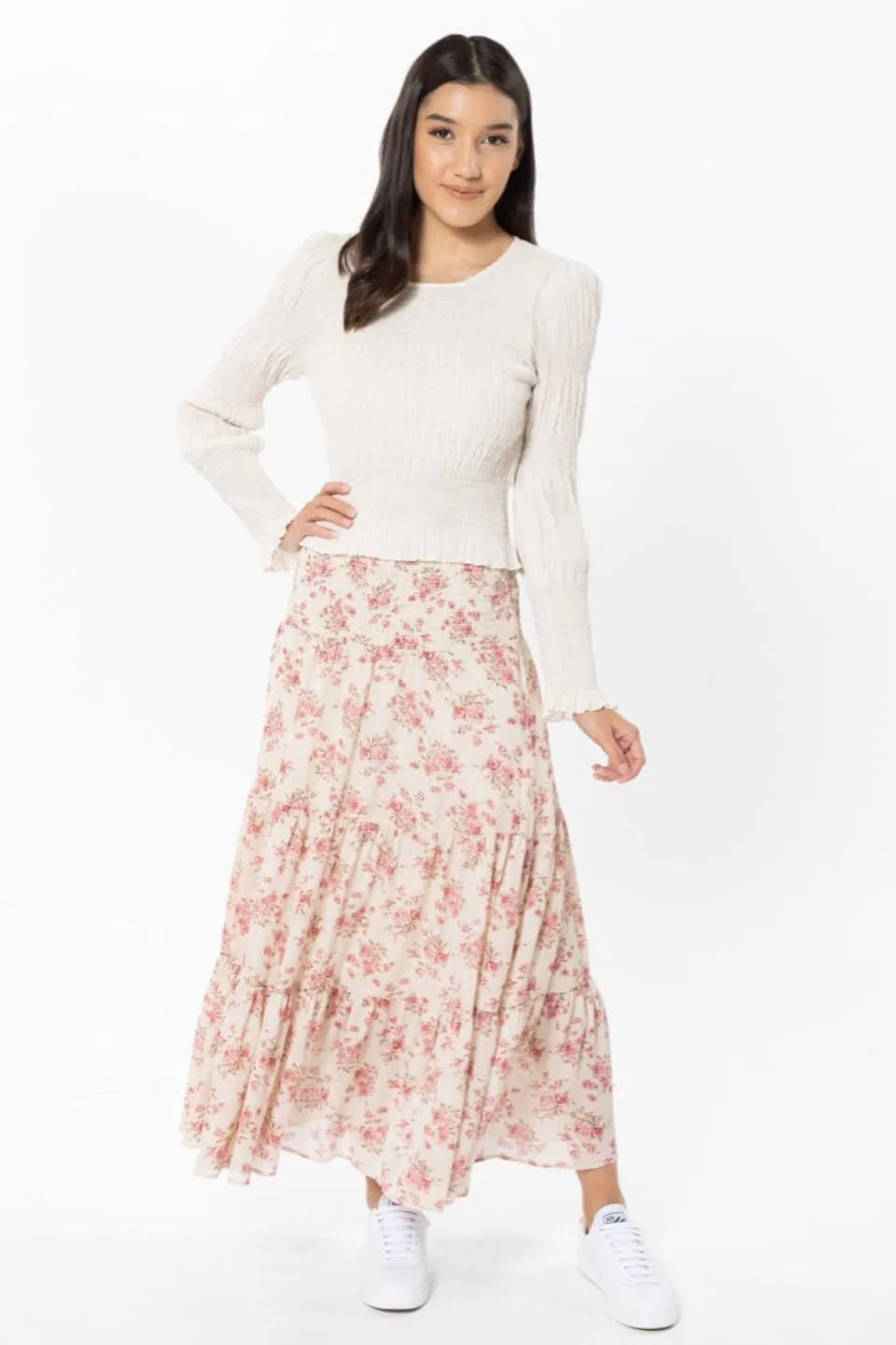 Creative Ivory Rose Shirred Waist Tiered Maxi Skirt