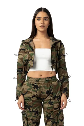 Cropped Full Zip Hoodie Jacket - Wood Camo