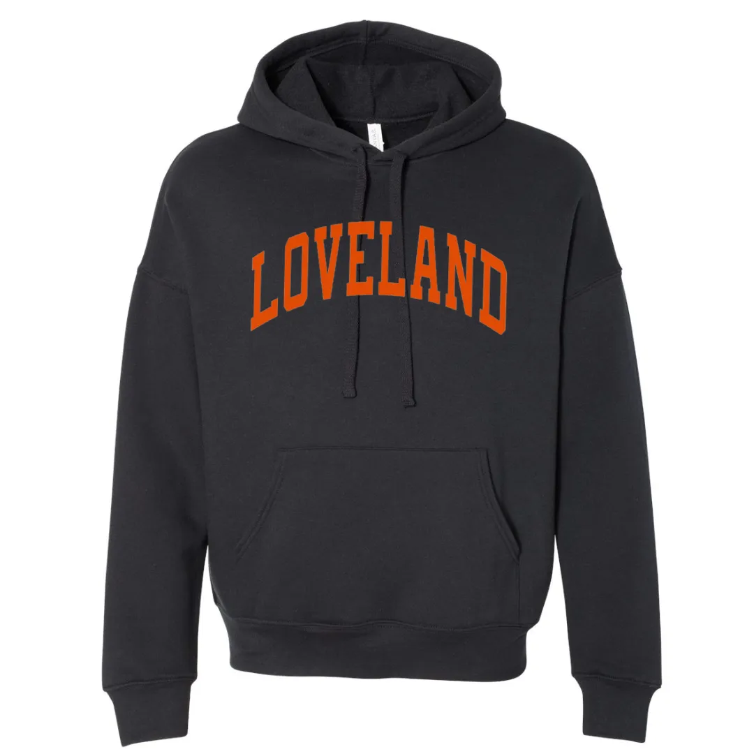 Curved Loveland Orange Hoodie on Black