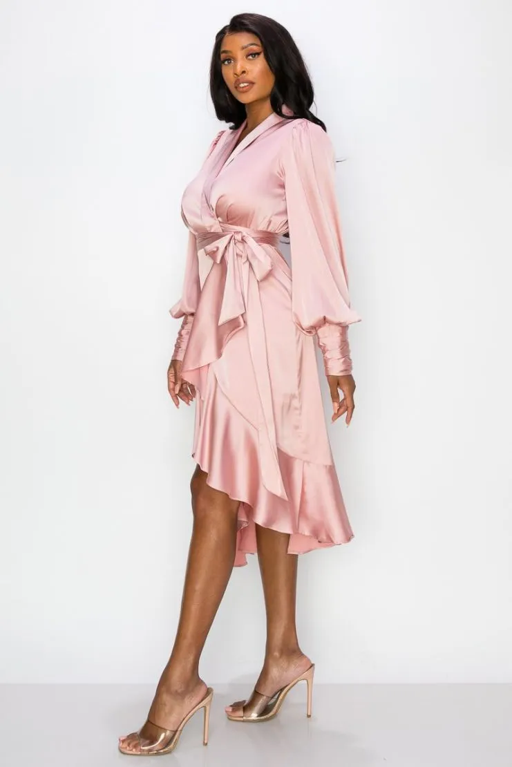 Dianna Satin Ruffle Wrap Midi Dress - Pink