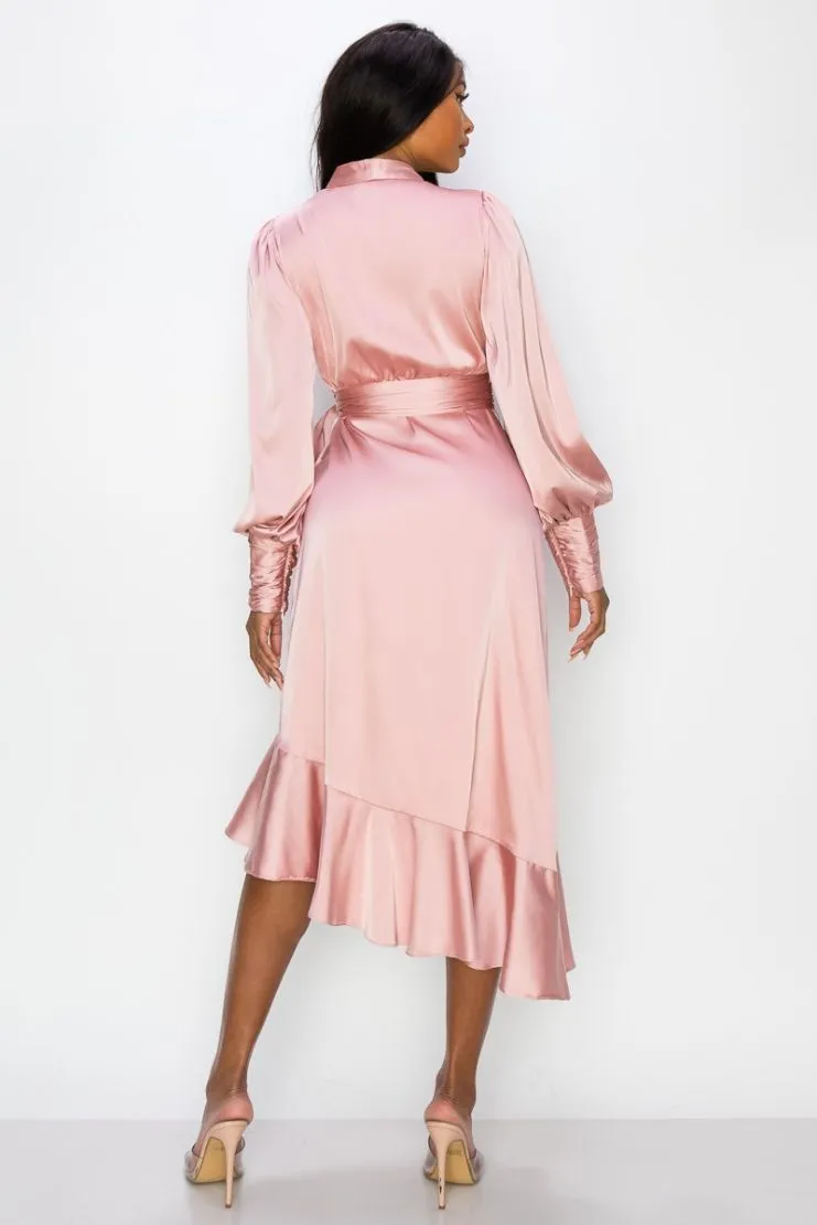 Dianna Satin Ruffle Wrap Midi Dress - Pink