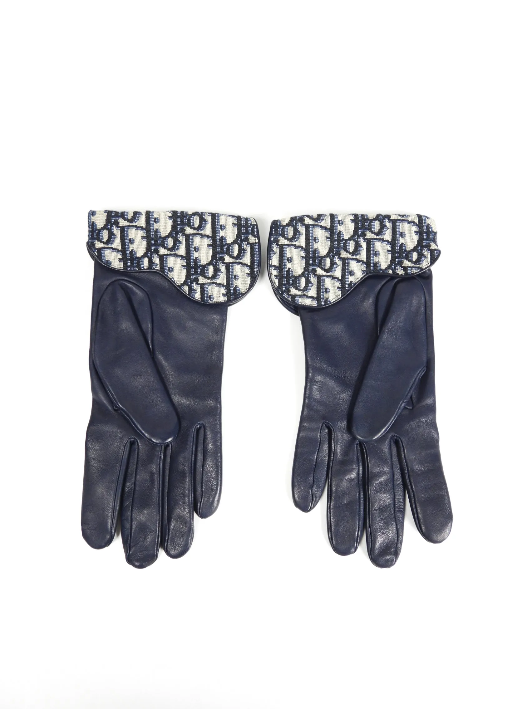 Dior Navy Leather Oblique Monogram Saddle Gloves - 8