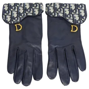 Dior Navy Leather Oblique Monogram Saddle Gloves - 8