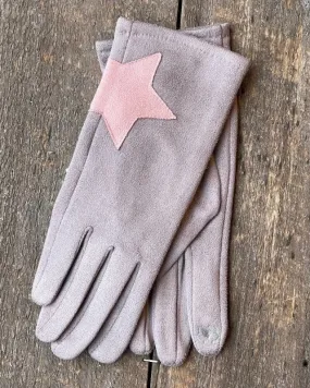 Faux Suede Gloves With Applique Star - Mink