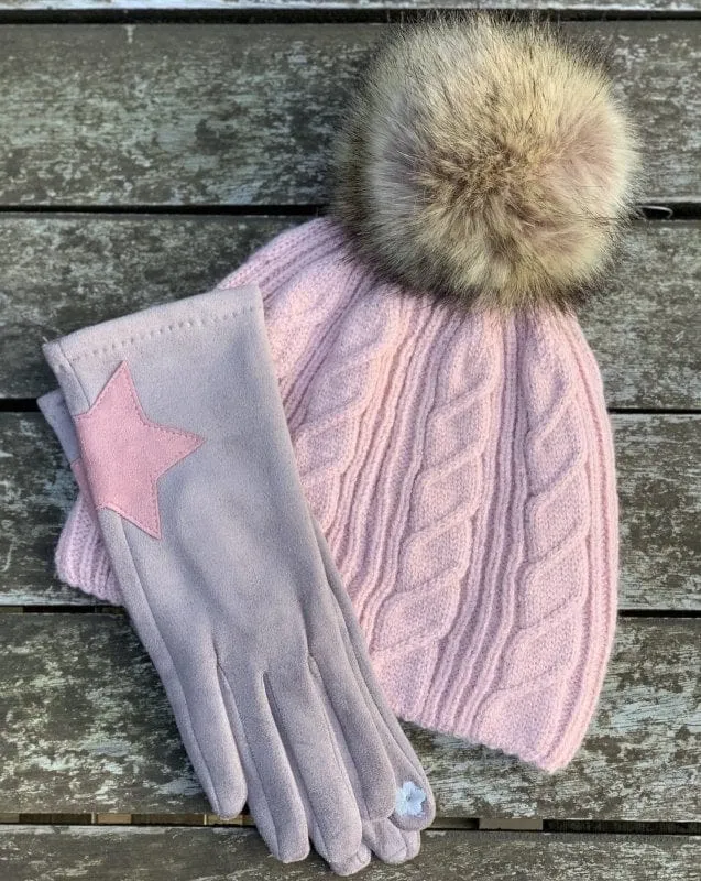 Faux Suede Gloves With Applique Star - Mink