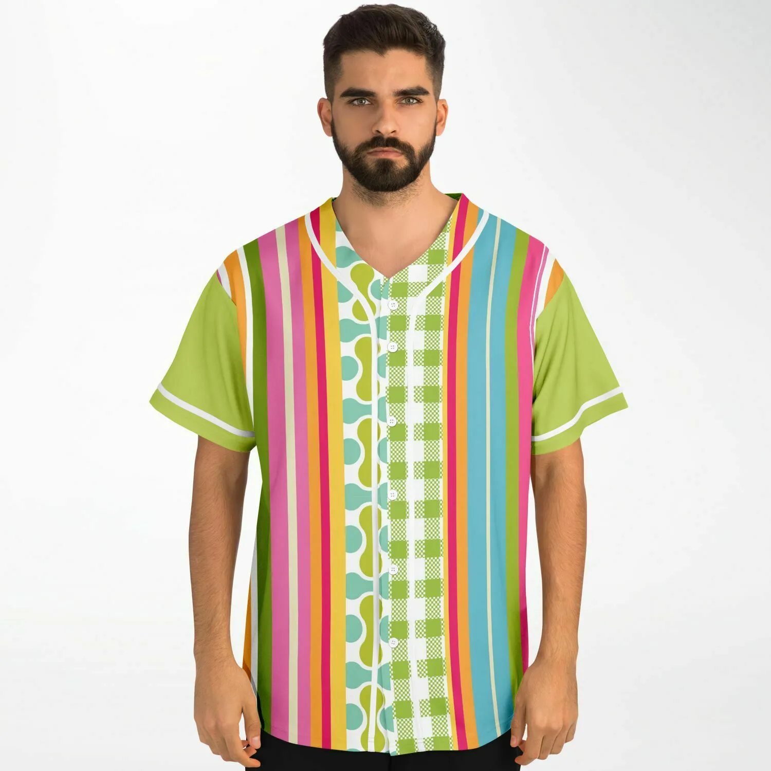 Green Anjou Pear Striped Patchwork Button Front Jersey