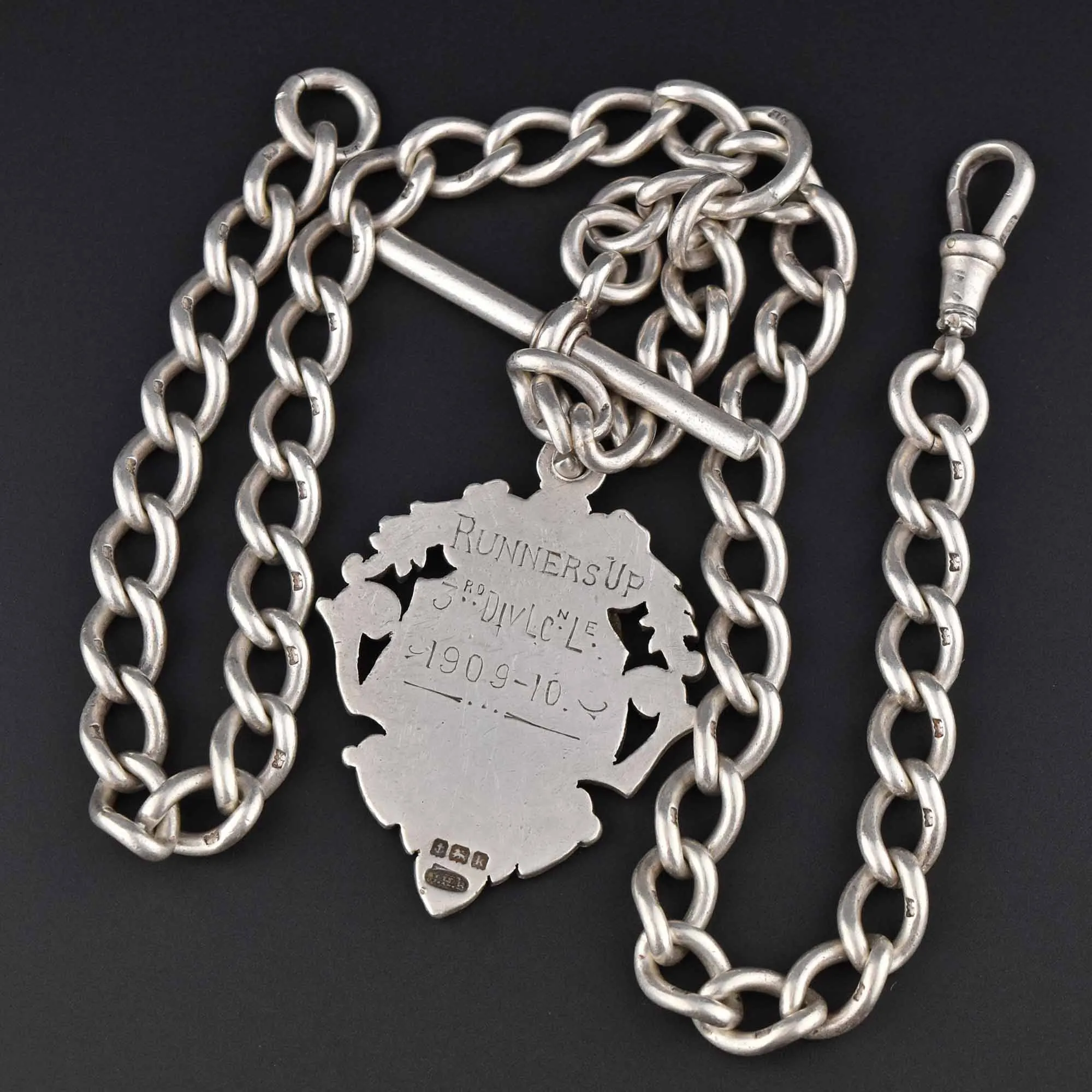 Heavy Edwardian Silver Albert Watch Chain Necklace & Fob 70.7 gm