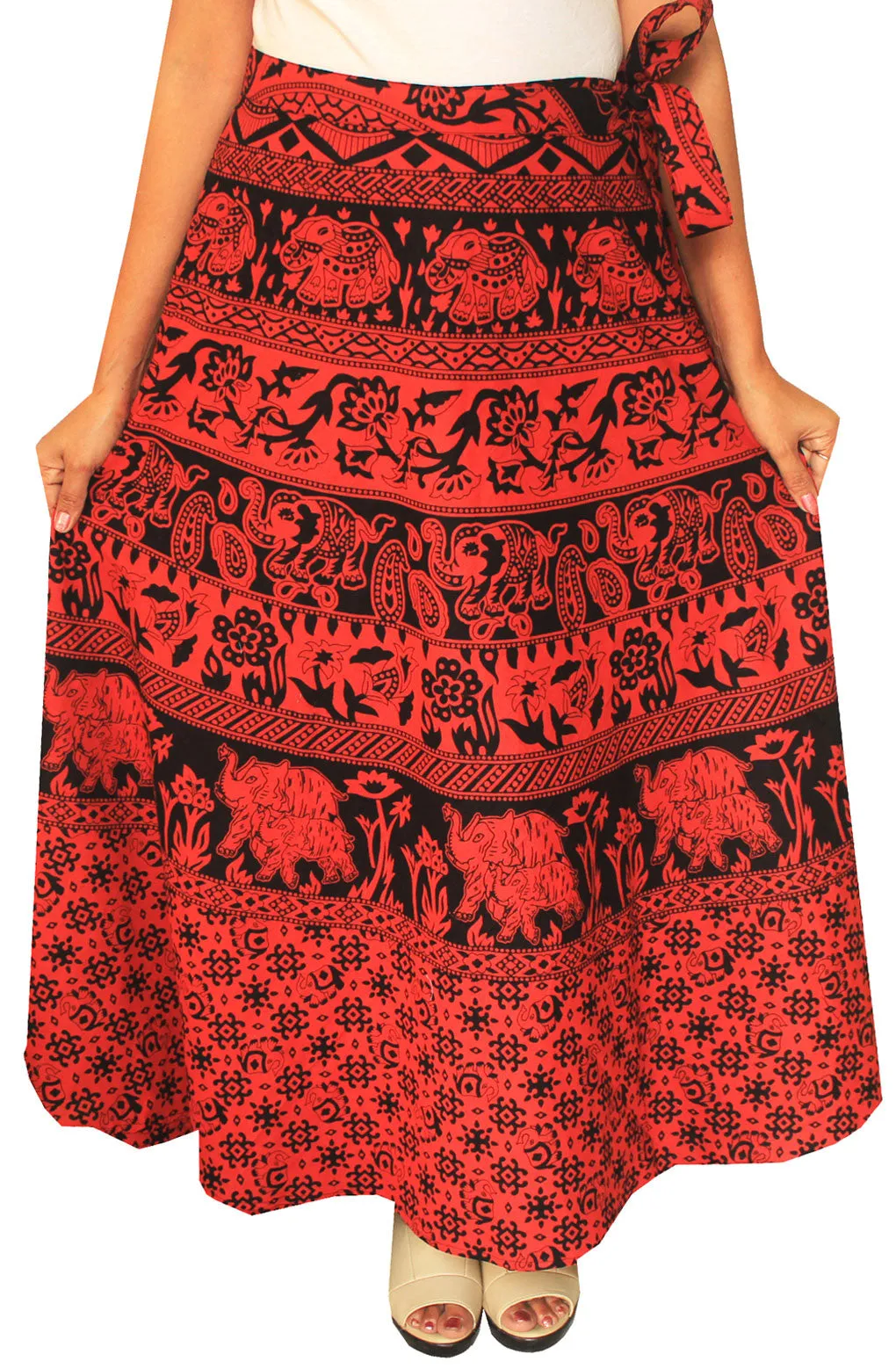 India Long Cotton Skirt Wrap Around Block Print Womens (Red)