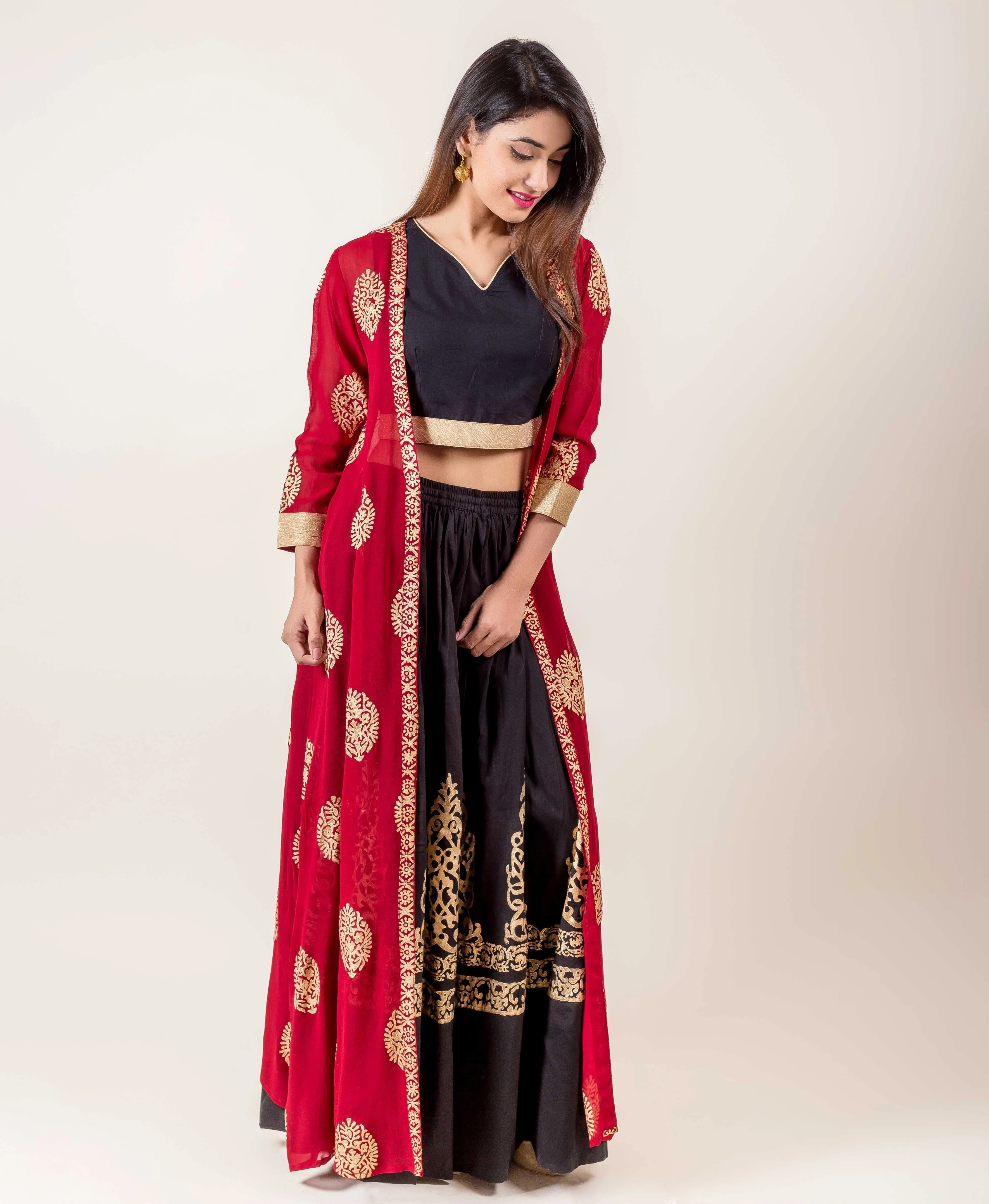 Jacket Style Indo Western Dress With Golden Prints In Red And Black Hues