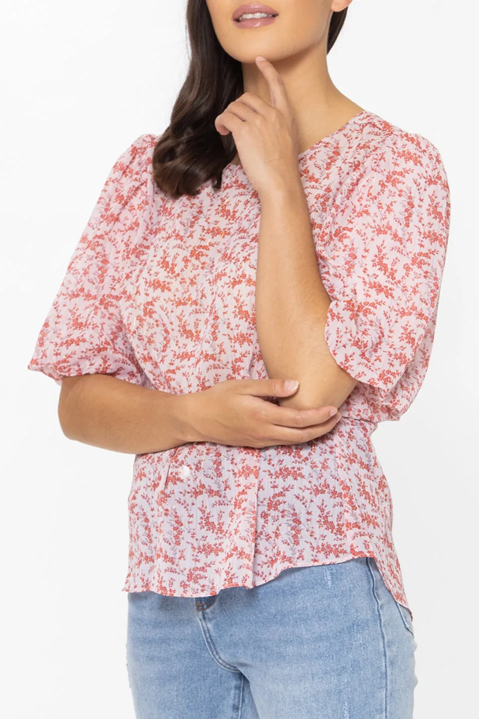 Knowing Pink Ditsy Bubble Sleeve Top