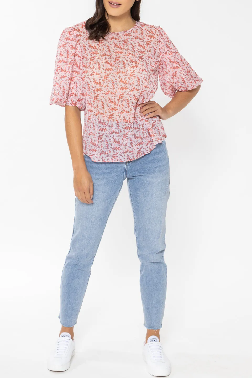 Knowing Pink Ditsy Bubble Sleeve Top