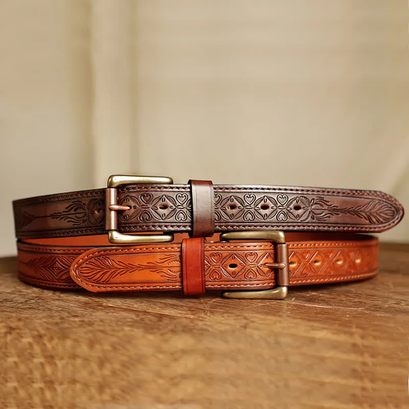 Men's Embossed Flower Leaves Engraved Leather Belt