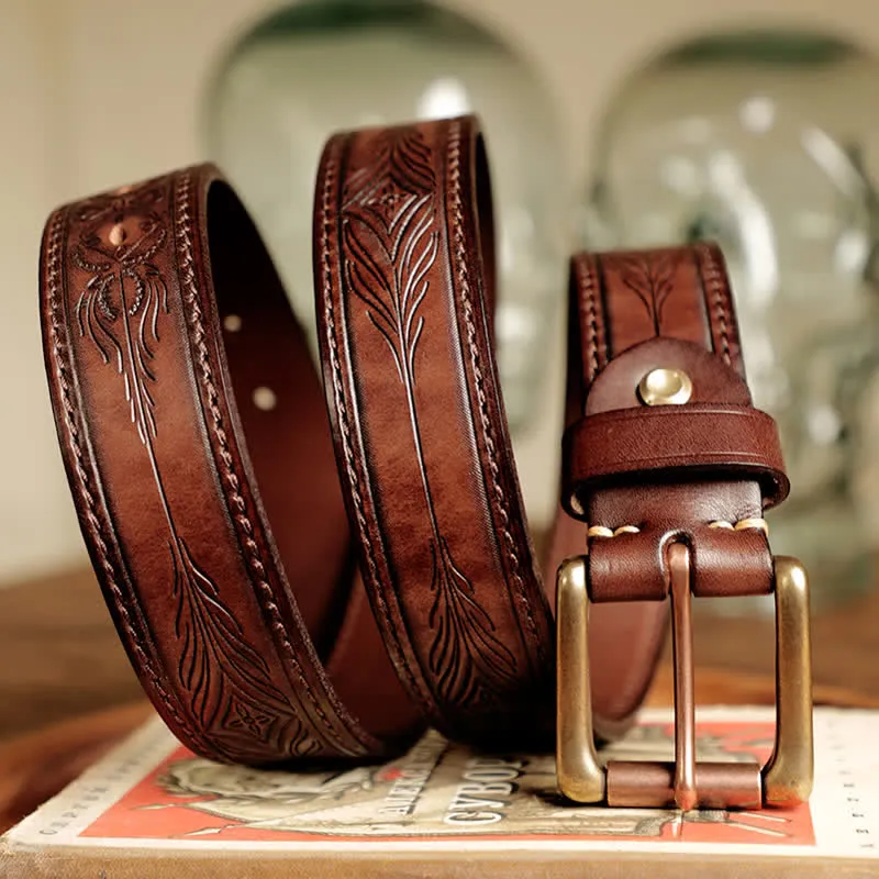 Men's Embossed Flower Leaves Engraved Leather Belt