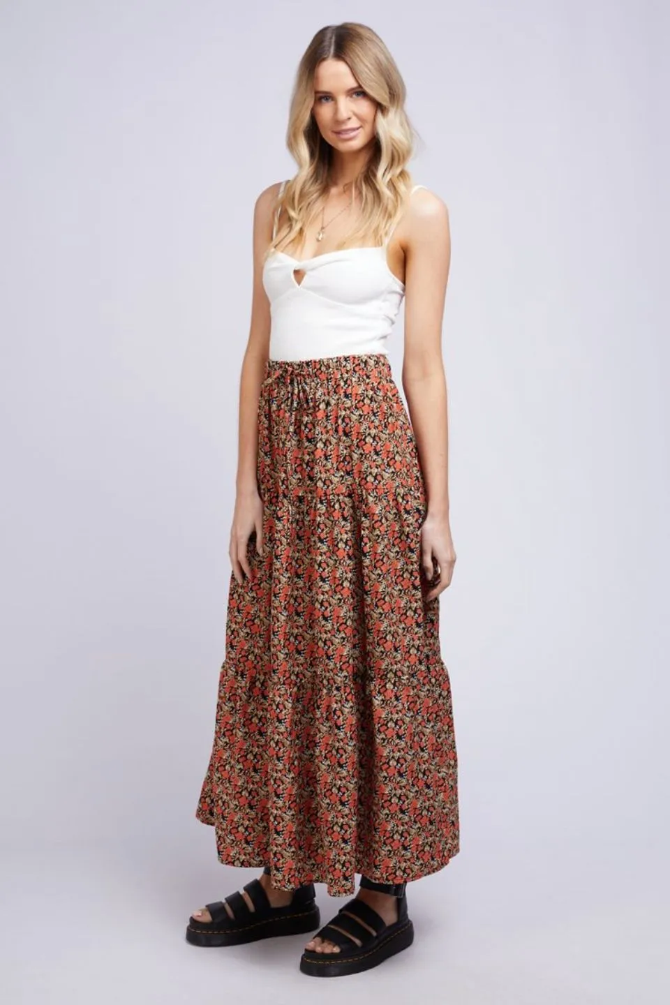 Mystic Terracotta Floral Tiered Midi Skirt