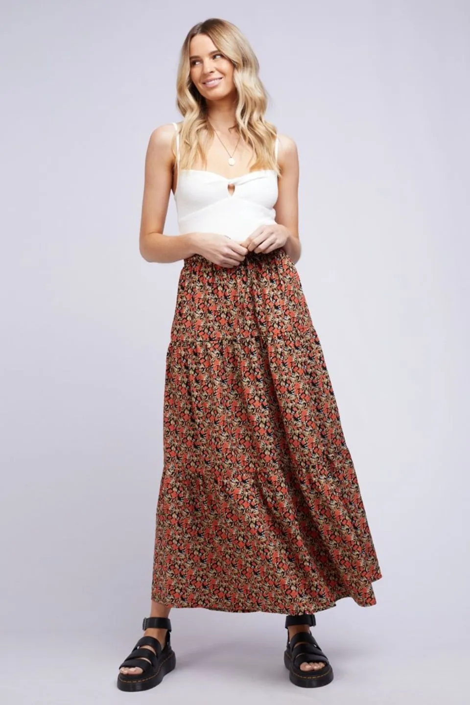 Mystic Terracotta Floral Tiered Midi Skirt