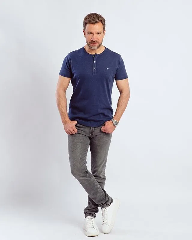 Plain Short-sleeve O-neck Body with a buttons-Navy