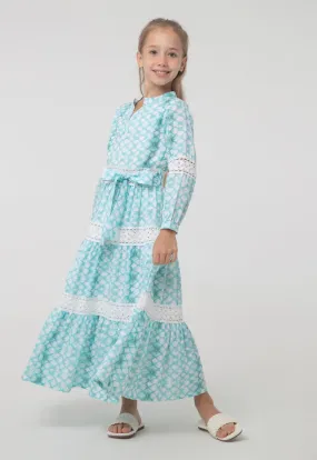 Printed Embroider Tier Long-Sleeves Dress