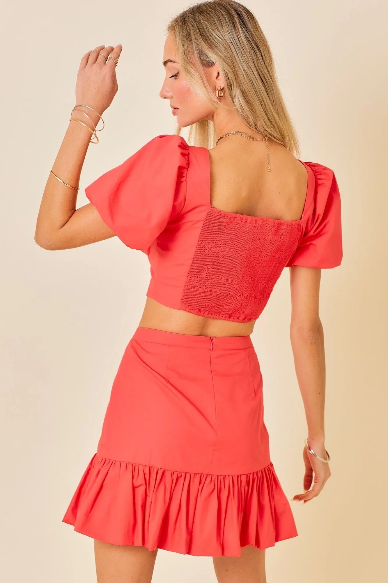 Ruffle Puff Sleeve Crop Top Mini Skirt Set