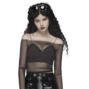 Sheer Mesh Top See Through Chiffon Shirt Punk Rocker Style Blouse Attached Gloves