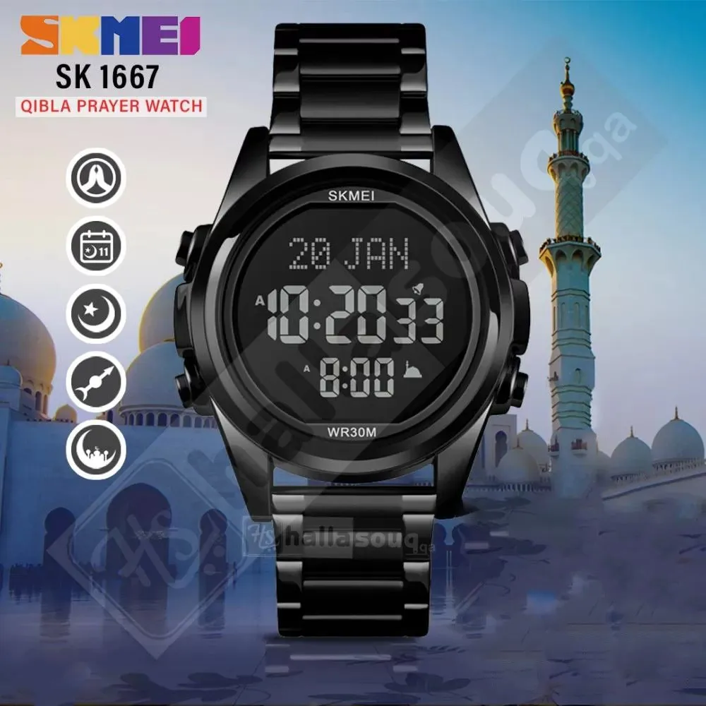 Skmei SK 1667BKBK Islamic Prayer Watch With Qibla Direction And Azan Reminder - Black S4444790