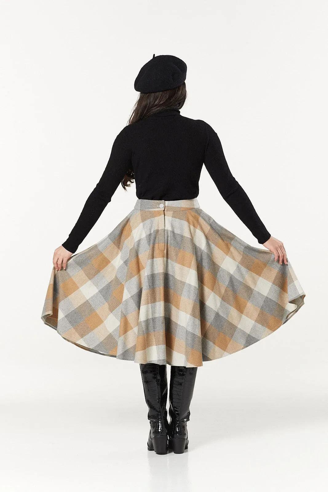 Sophie Beige Woollen Check Tartan Midi Swing Skirt