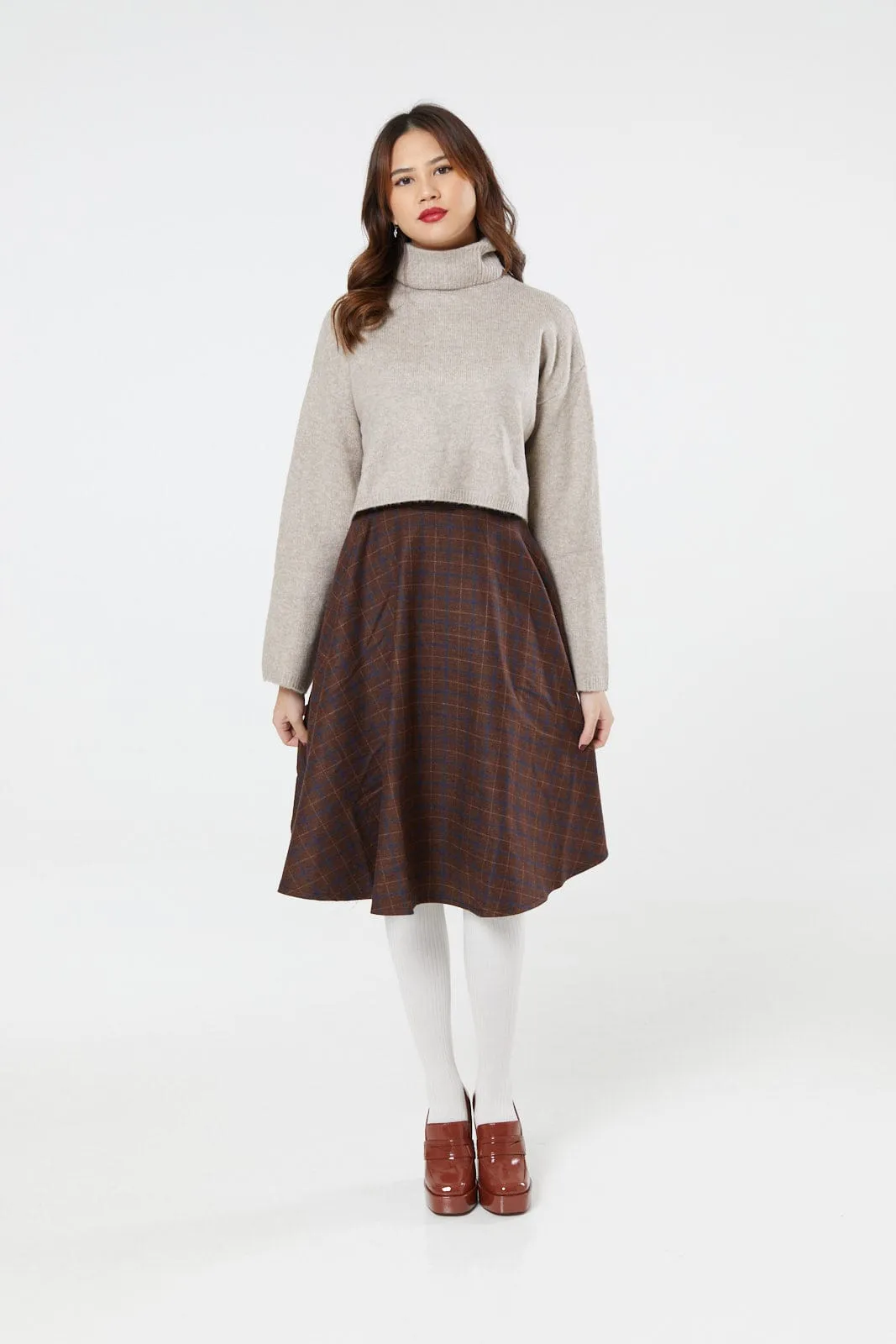 Sophie Blue & Brown Woollen Check Tartan Midi Swing Skirt