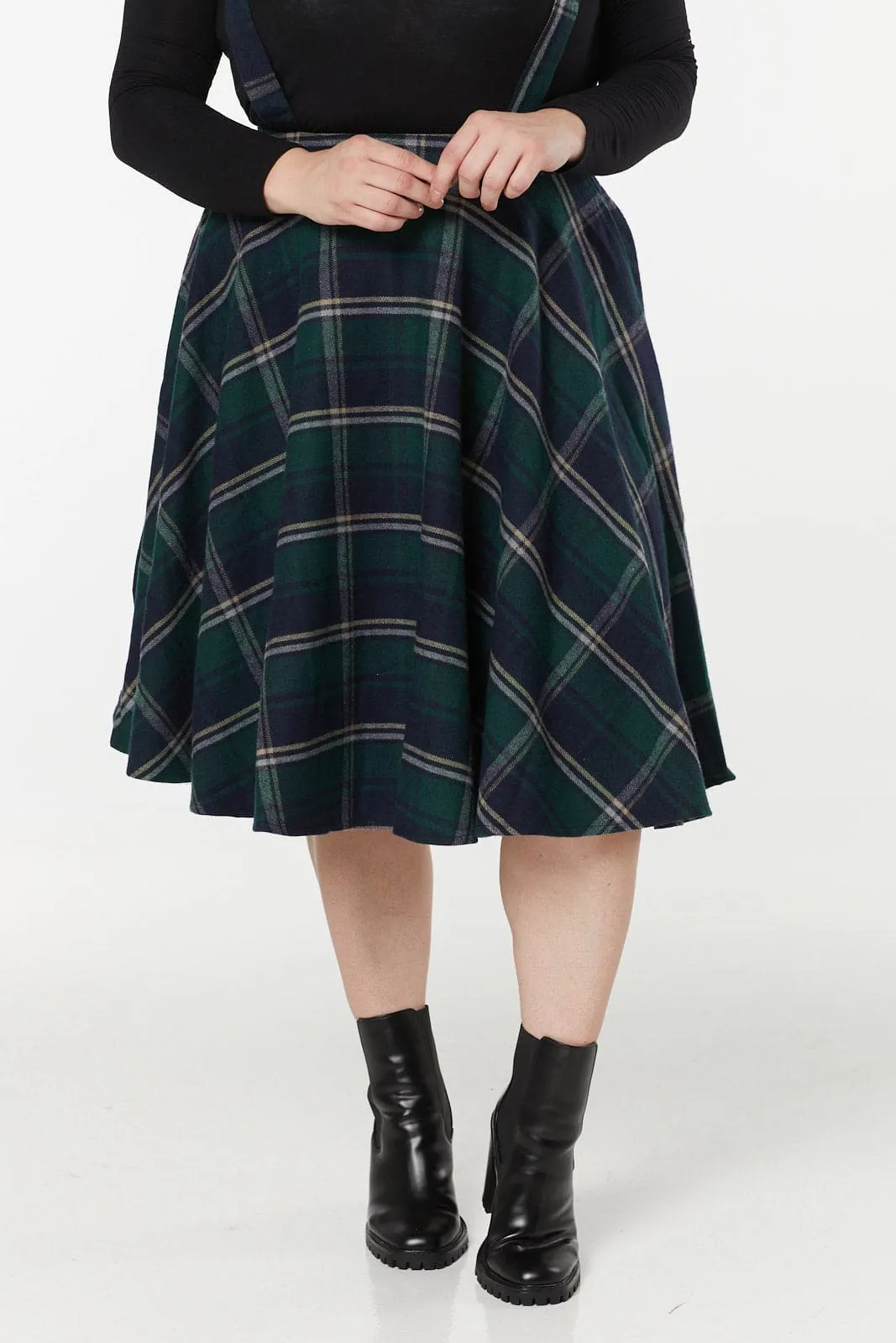 Sophie Navy and Green Woollen Check Tartan Midi Swing Skirt