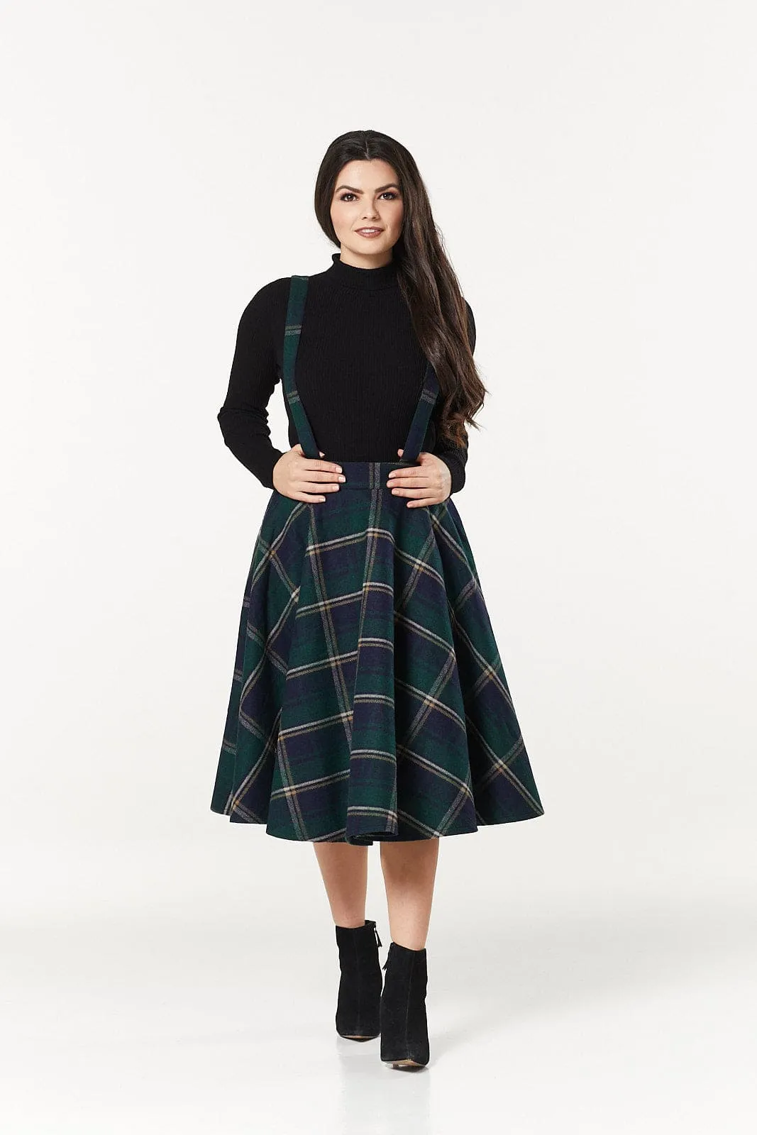 Sophie Navy and Green Woollen Check Tartan Midi Swing Skirt