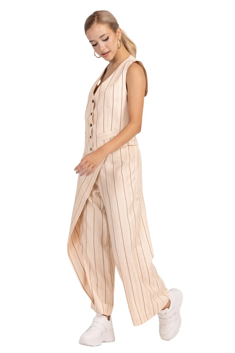 Striped Beige Women's Suit Vest