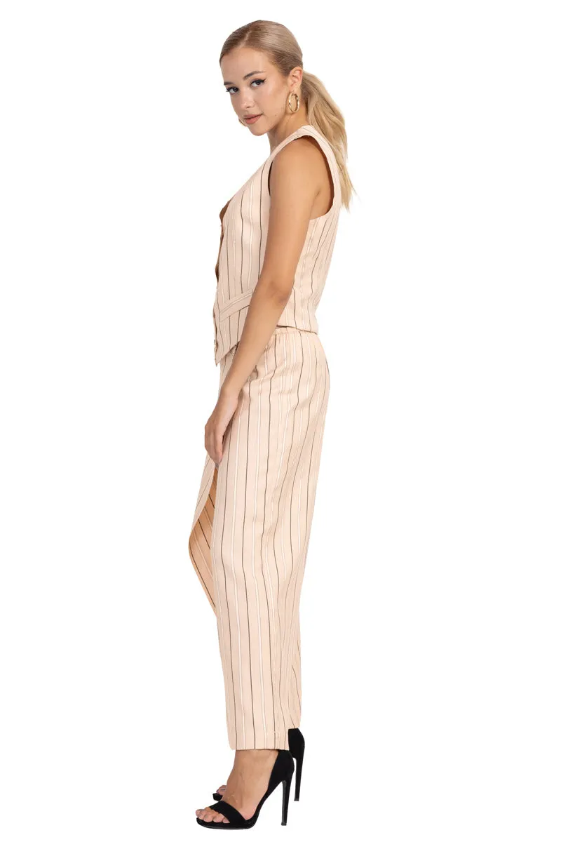 Striped Beige Women's Suit Vest