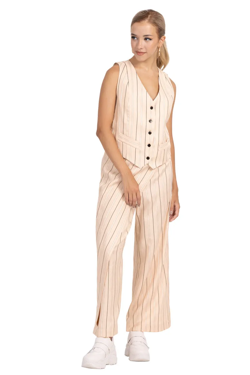 Striped Beige Women's Suit Vest