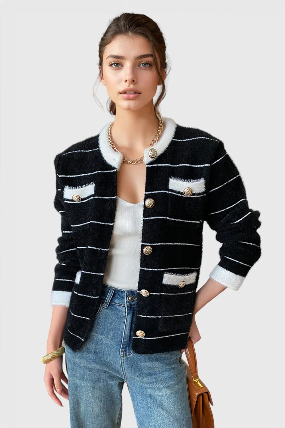 Textured Striped Cardigan - Black