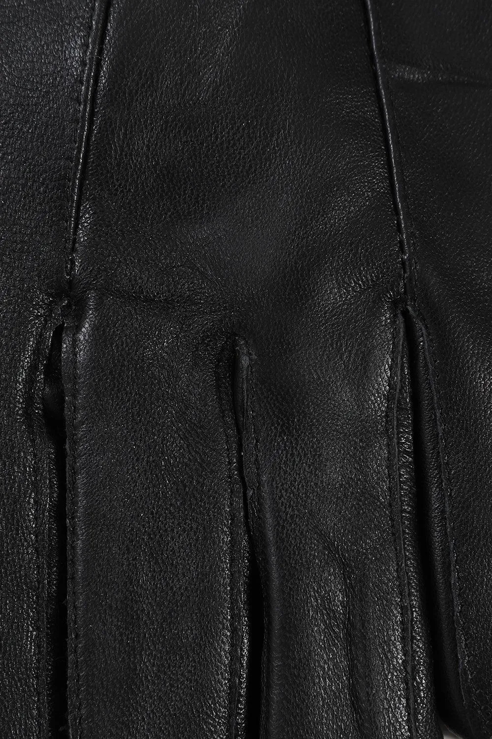 Women's Black Genuine Leather Gloves with Bow