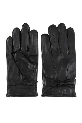 Women's Black Genuine Leather Gloves with Bow